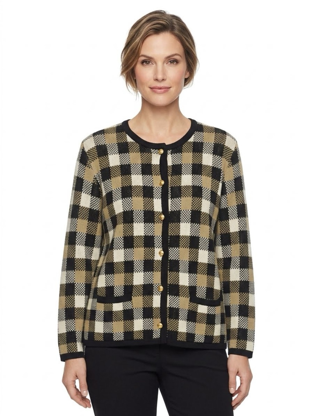 Croft & Barrow Vintage Black Tan and Cream Checked Cardigan Sweater Size L
